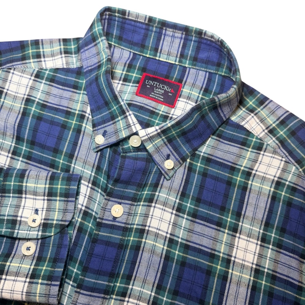 UNTUCKit Preston Ridge‎ Slim Fit Plaid Button Down Shirt Mens Large Navy Green
